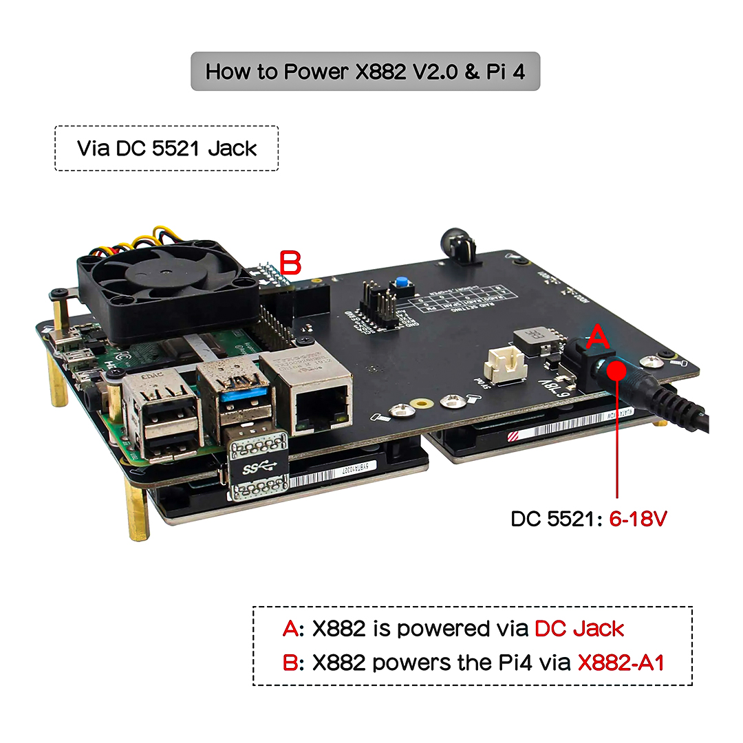 X882 V2.0 Dual 2.5" SATA HDD Expansion Board with Safe Shutdown Function For Raspberry Pi 4 By SupTronics